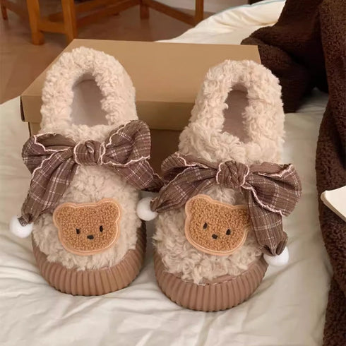 Teddy Bow Sherpa House Slippers