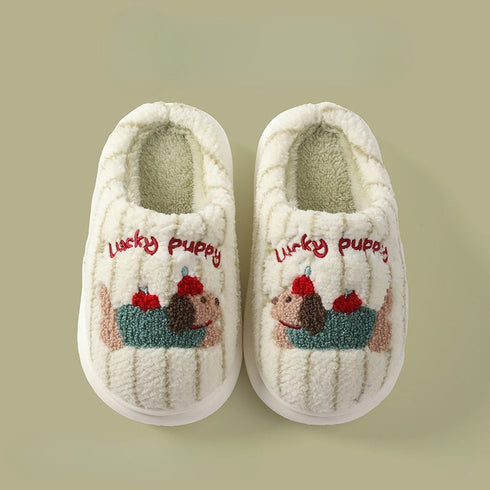 Embroidered Striped Puppy Plush Slippers