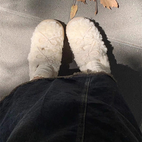 Bow-Tie Plush Platform Slippers