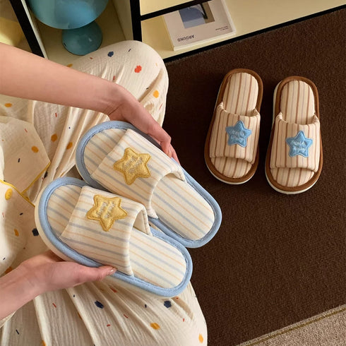 Striped Star Patch Linen Slippers