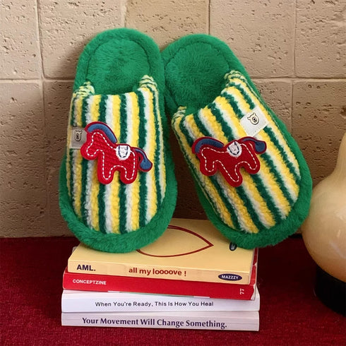 Striped Horse Patch Plush Slippers