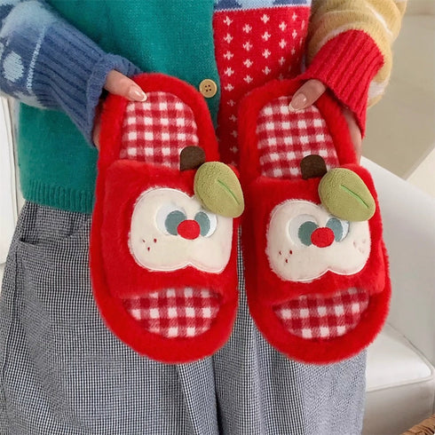 Quirky Apple Gingham Plush Slides
