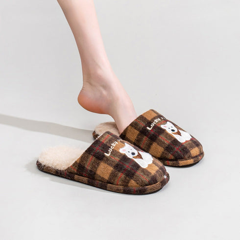 Plaid Puppy Embroidered Warm Slippers