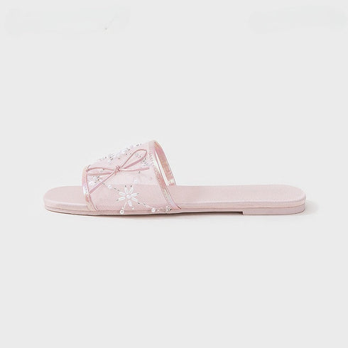 Delicate Mesh Pearl Bow Slides