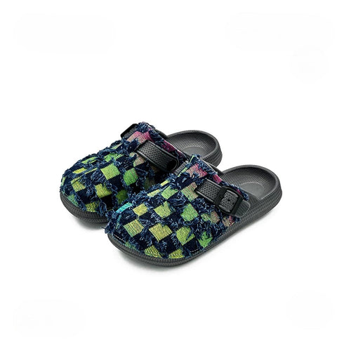 Frayed Checkerboard Buckle Strap Mules
