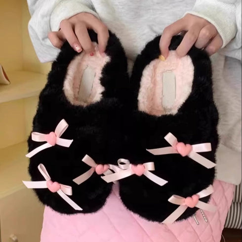 Heart Bow Cloud Plush Slippers