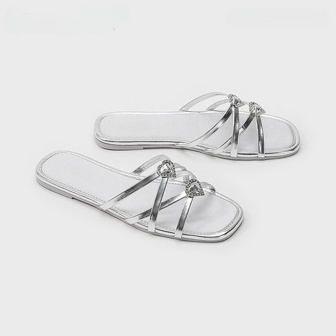 Sparkling Heart Strappy Flat Slides