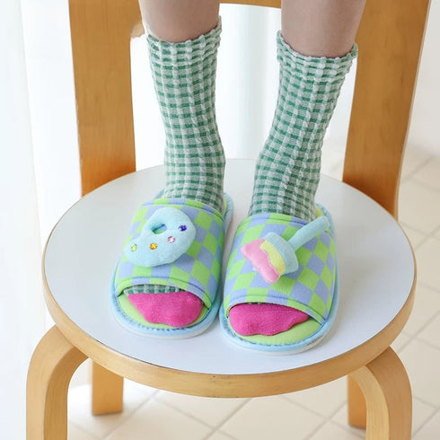 Quirky 3D Motif Plaid Slides