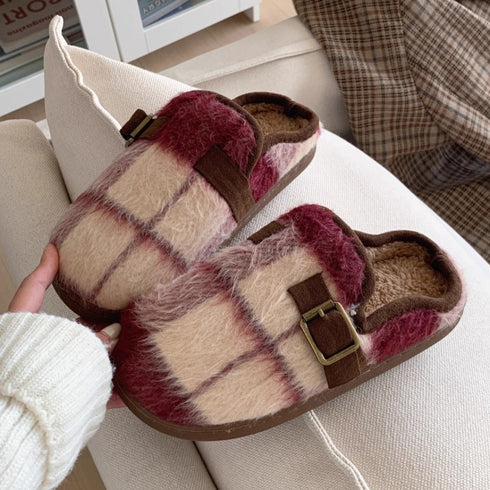 Fuzzy Plaid Buckle Clogs