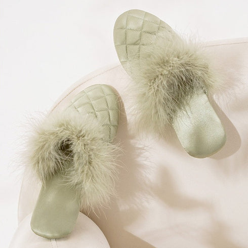 Feather-Pom Quilted Lounge Slippers