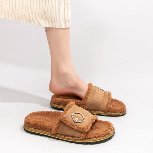 Pearl Buckle Fuzzy Warm Slides