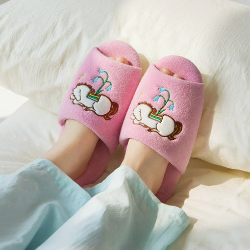 Sleeping Pony Floral Embroidered Slides