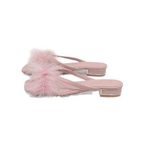 Chic Feather Trim Square Toe Slides