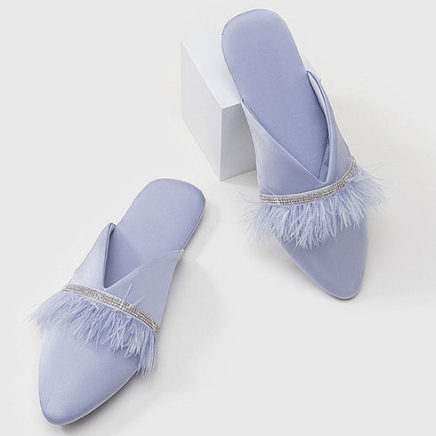 Chic Satin Feather Rhinestone Slides