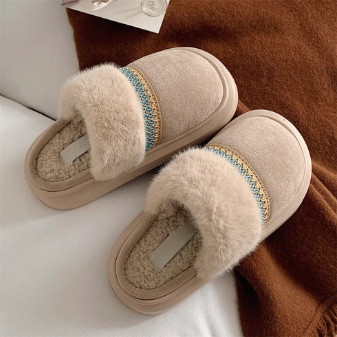 Woven Trim Fuzzy Band Slippers
