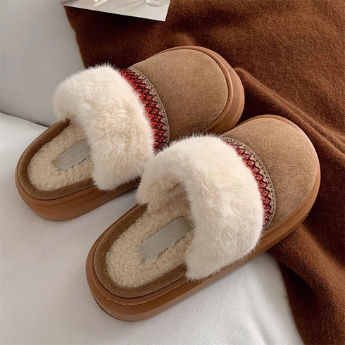 Woven Trim Fuzzy Band Slippers