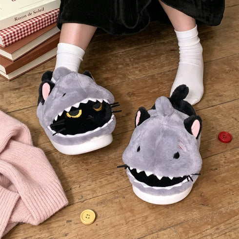 Shark Devouring Cat Plush Slippers