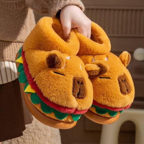 Whimsical Capybara Burger Plush Slippers