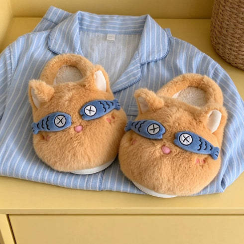 Snoozing Fish Mask Cat Slippers