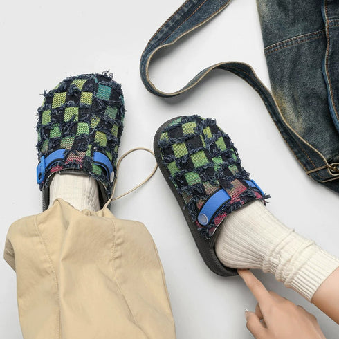 Frayed Checkerboard Buckle Strap Mules