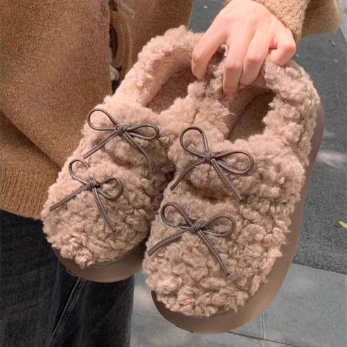 Bow-Tie Plush Platform Slippers