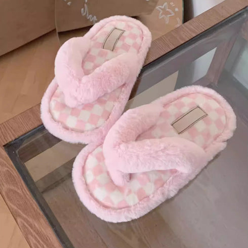 Fuzzy Checkerboard Plush Flip Flops