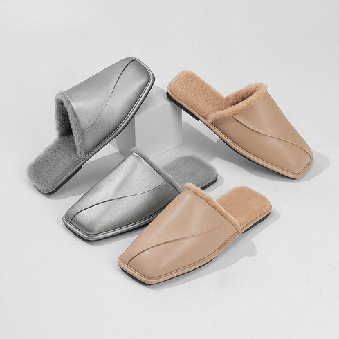 Faux-Fur Trim Dome-Toe Slippers