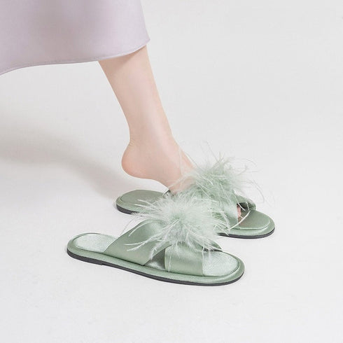 Elegant Feather Satin Flat Slides