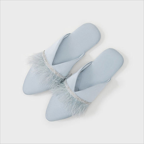 Chic Satin Feather Rhinestone Slides