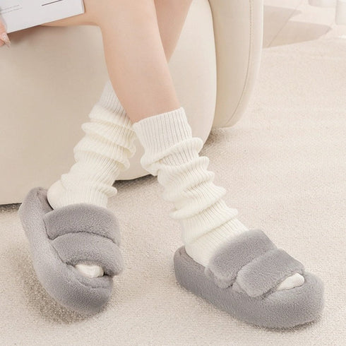 Plush Double-Strap Platform Slippers