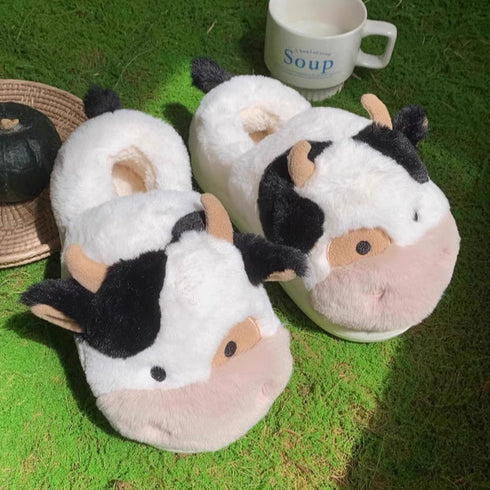 Fuzzy Farm Cow Plush Slippers