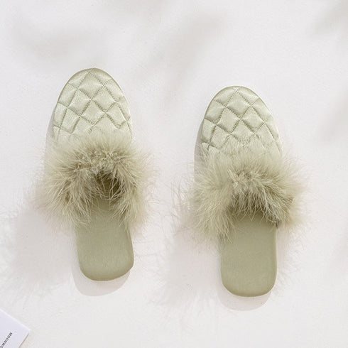 Feather-Pom Quilted Lounge Slippers