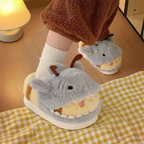 Shark-Bee Plush Closed-Heel Slippers