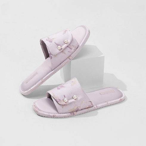 Oriental Pearl Butterfly Satin Slides