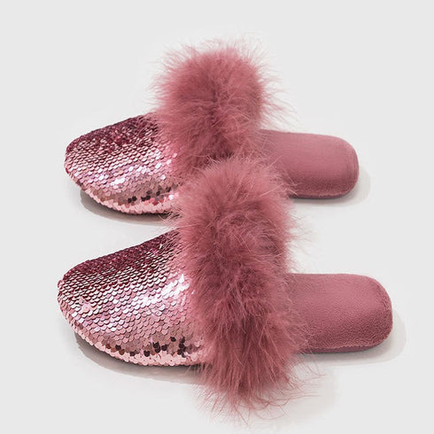 Shimmer Sequin Puff-Trim slippers