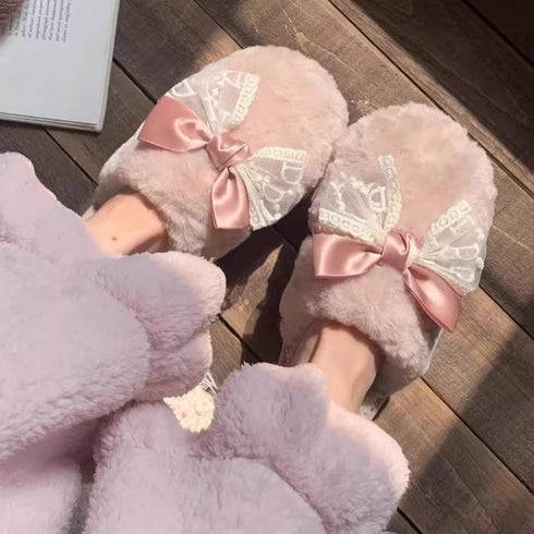 Sheer Lace Bow Plush Slippers