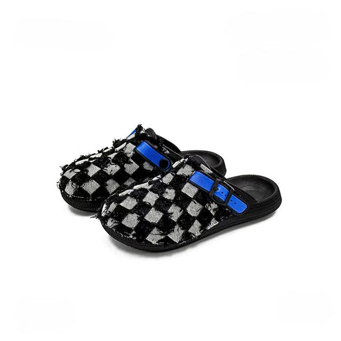 Frayed Checkerboard Buckle Strap Mules