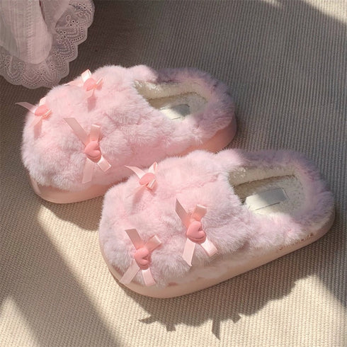 Heart Bow Cloud Plush Slippers