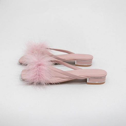Chic Feather Trim Square Toe Slides