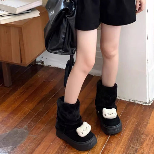 Furry Cat Face Platform Boots