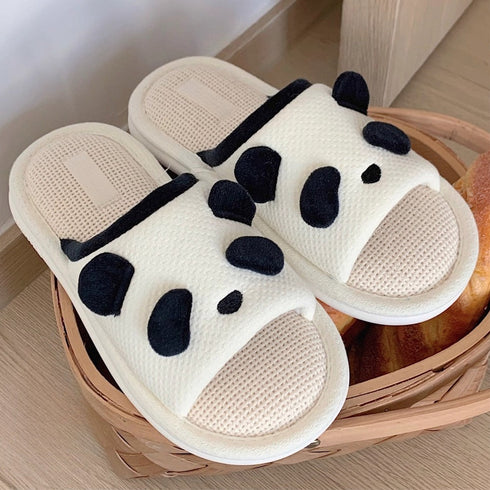 Fuzzy Panda Ear Linen Slides