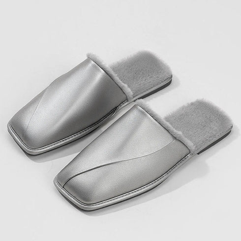 Faux-Fur Trim Dome-Toe Slippers