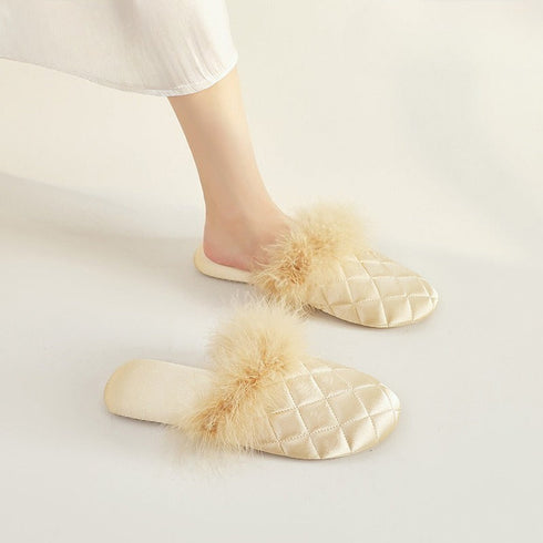 Feather-Pom Quilted Lounge Slippers