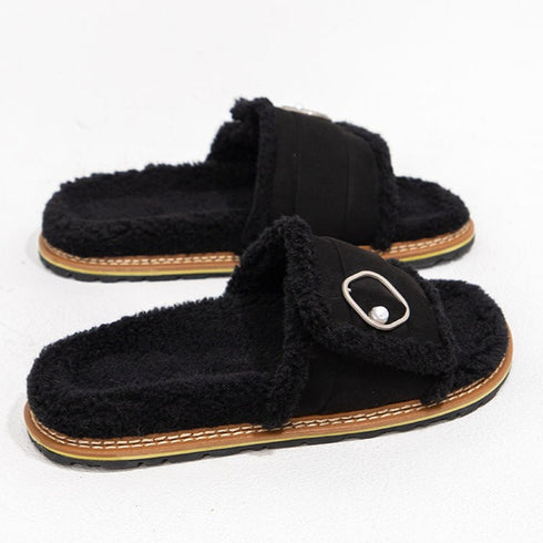 Pearl Buckle Fuzzy Warm Slides