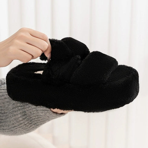 Plush Double-Strap Platform Slippers