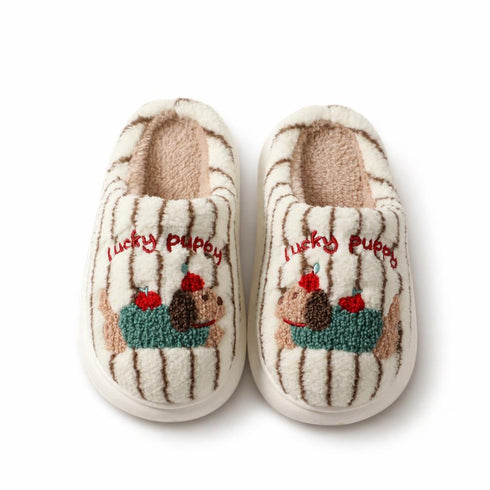 Embroidered Striped Puppy Plush Slippers