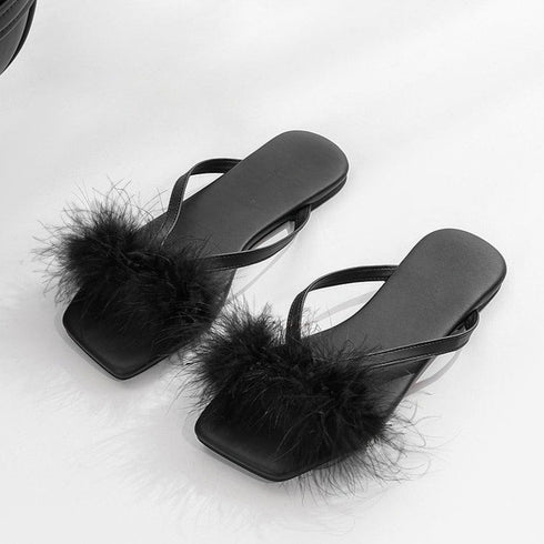 Feather Puff Strap Flip Flops