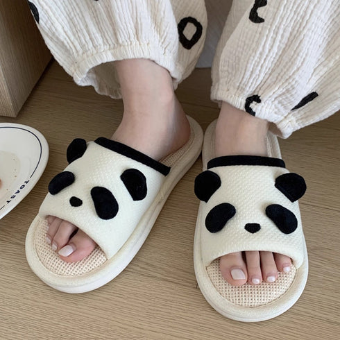 Fuzzy Panda Ear Linen Slides