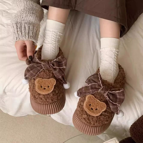 Teddy Bow Sherpa House Slippers