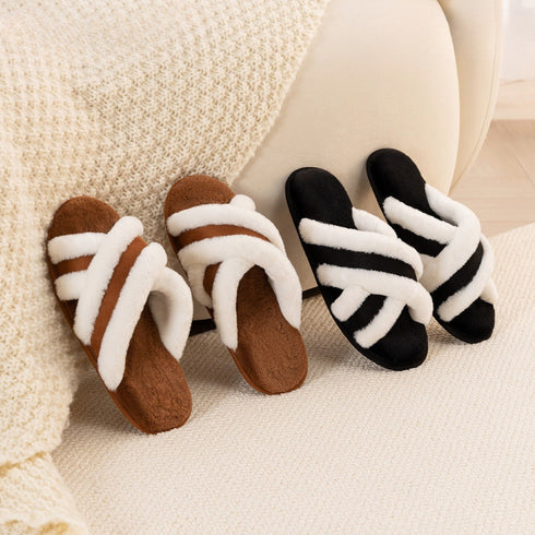 Fuzzy Crisscross Band Warm Slippers